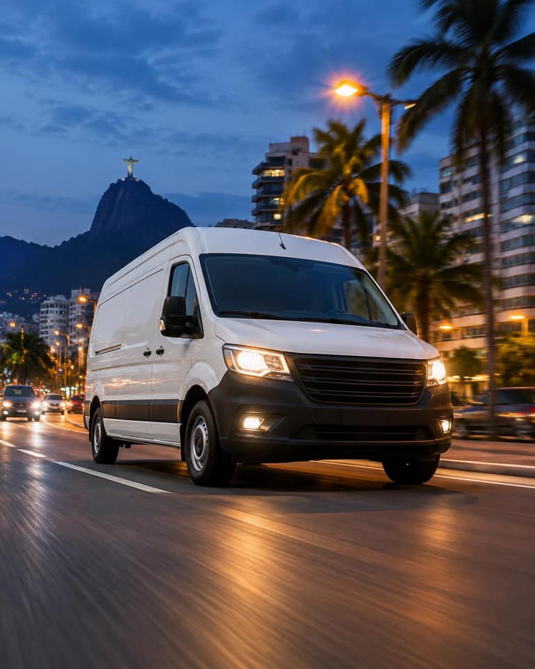 Van branca da Trukk em deslocamento por uma avenida da cidade ao anoitecer